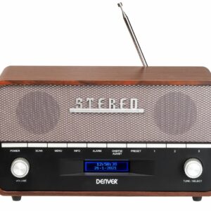 Denver DAB-36 Real Wood Retro FM Radio with Bluetooth & Alarm Clock (Works with Mains Power or 4xC Batteries)