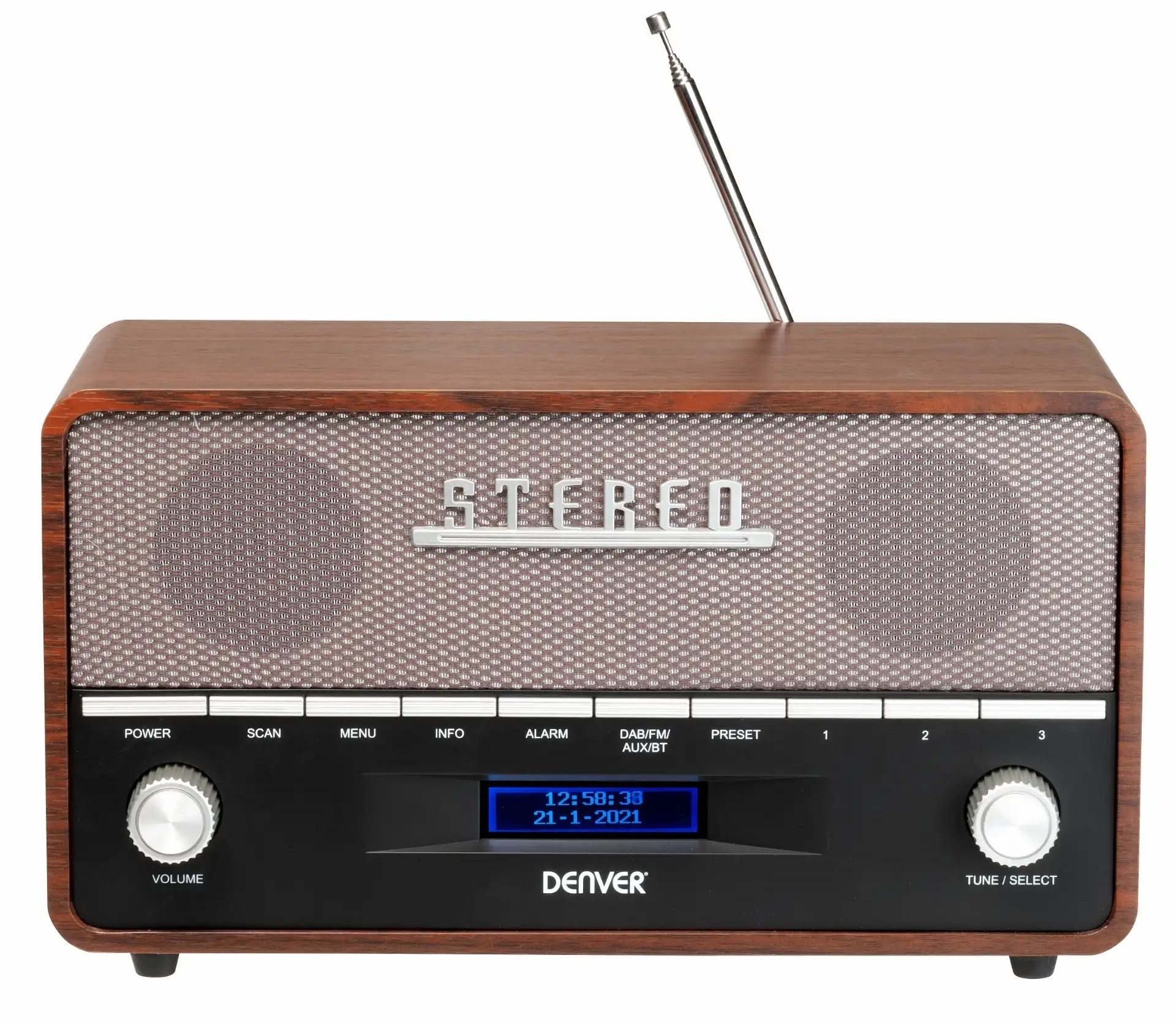 Denver DAB-36 Real Wood Retro FM Radio with Bluetooth & Alarm Clock (Works with Mains Power or 4xC Batteries)