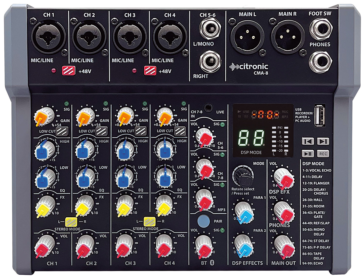 Citronic CMA-8 6ch Mixer with DSP/BT/PC/USB Play-Rec 170.864UK