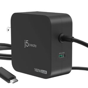 j5create Charger Wall Travel 102W GaN 2xUSB-C + USB-C Cable JUP25102V