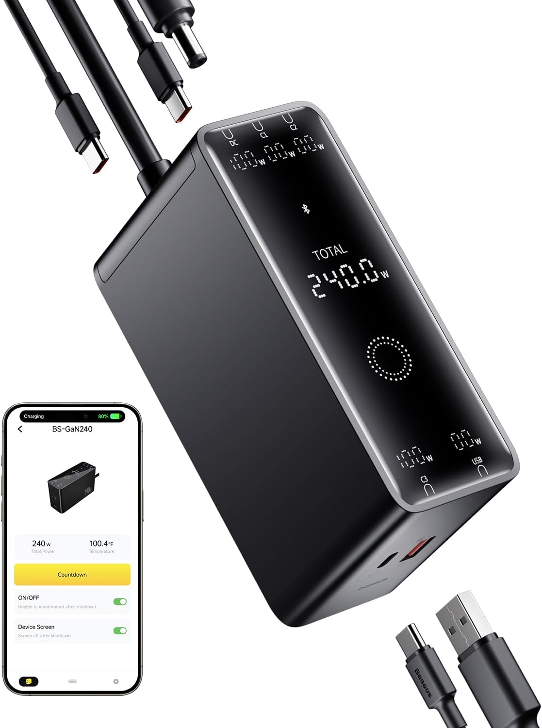 Baseus Desktop Charger 240W 3C+U+DC Touch Display & App Control incl 240W Charging Cable - Can Charge two Laptops at the same time