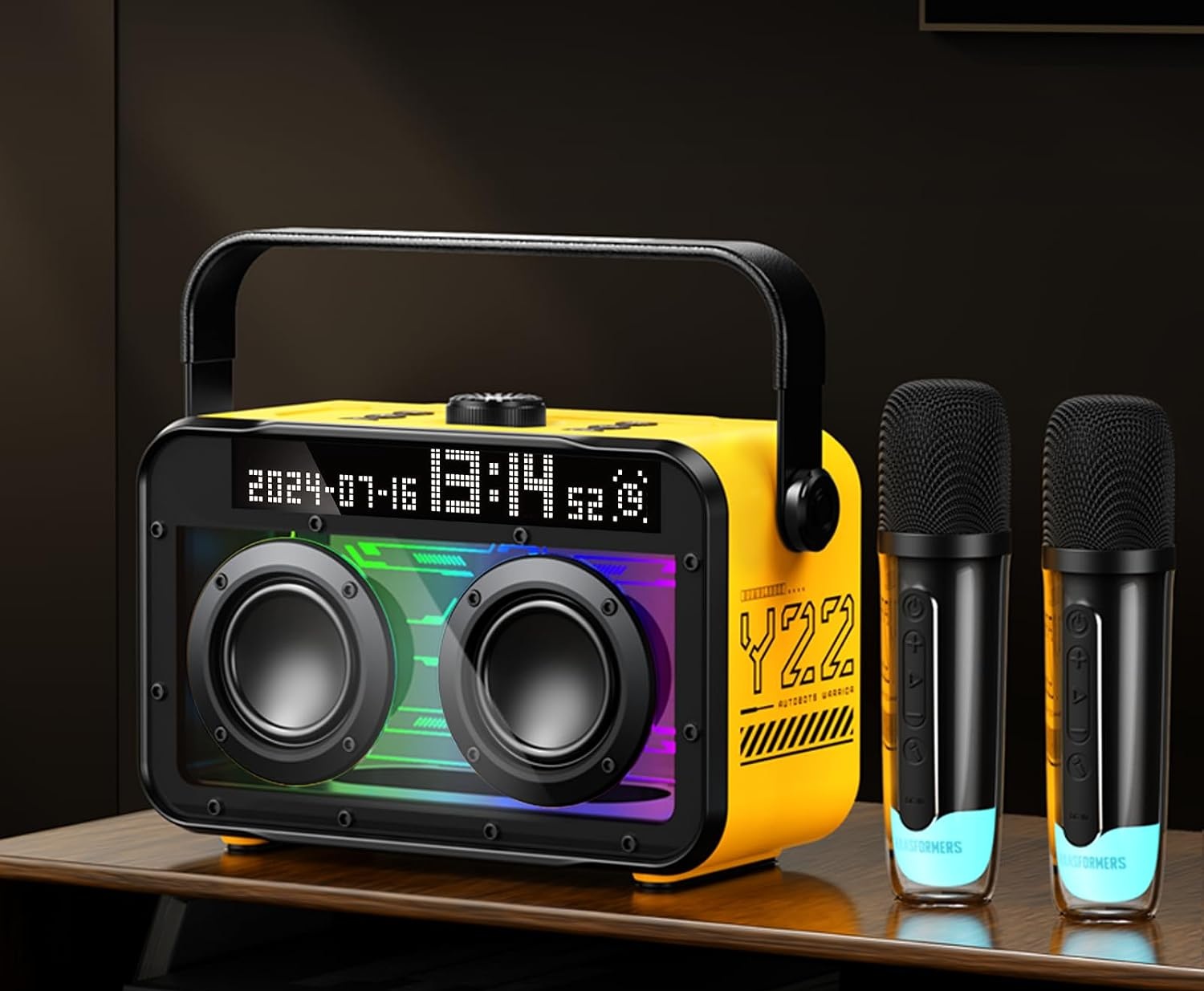 Transformers Y22 Yellow Portable Karaoke Party Speaker with 2 Wireless Microphones, Lyrics Display & Voice Changer