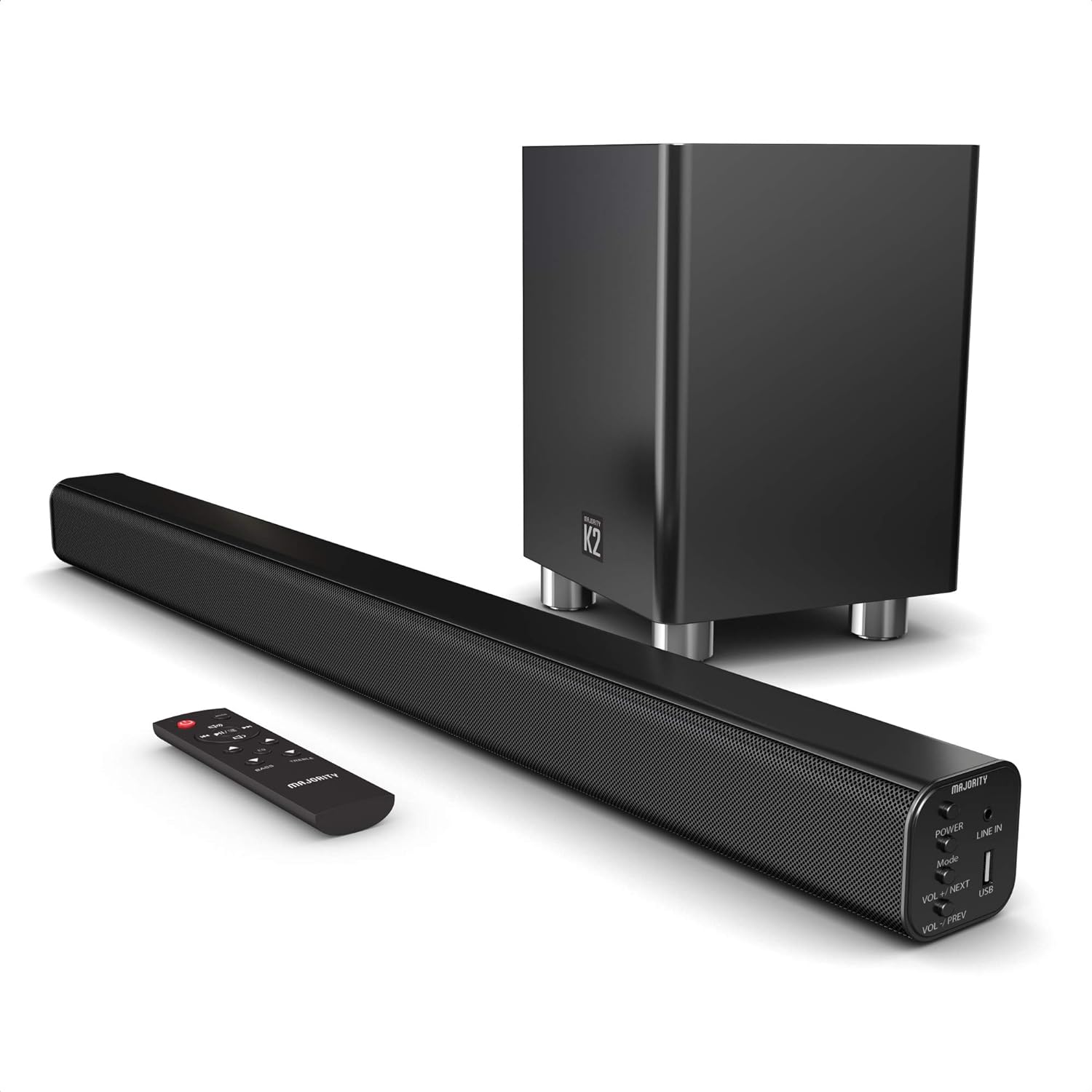 Majority K2 150W Soundbar with Wireless Subwoofer and BT,USB,Optical,HDMI (UK)
