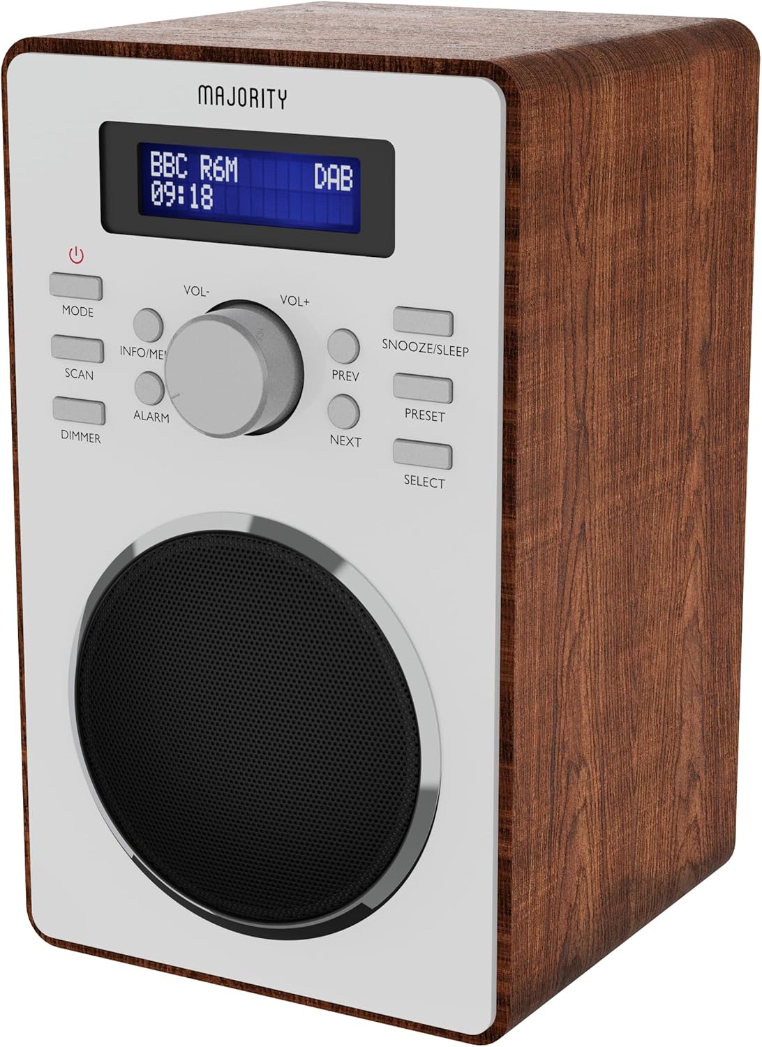 Majority BARTON Walnut FM/DAB Radio with Dual Alarm & LED Display