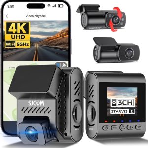 SJCAM M60S 4K 3-Channel Dash Cam Front and Rear and Inside Recording 5GHz Wi-Fi and Sony STARVIS 2 Sensors Dashcam Parking Mode with Pre-Recording HDR Night Vision Car Camera for Car and Taxi Security