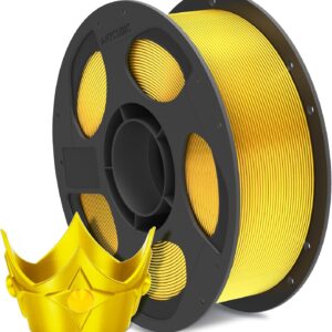 Anycubic PLA Silk Filament Shiny Gold 1Kg. Ideal Usage: Display models, figurines, cosplay armor/props, vases, jewelry, and decorative items where a premium, metallic, or glossy aesthetic is desired.