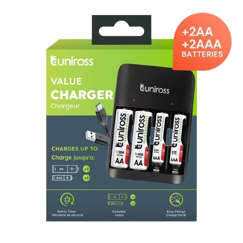 Uniross USB Charger UCU010C for AA/AAA Includes 2xAA & 2xAAA Batteries