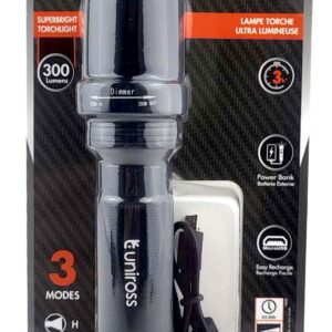 Uniross ULFL014 USB Rechargeable Pocket Aluminium Flashlight IP54 300 lumens & Powerbank Function
