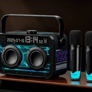 Transformers Y22 Black Portable Karaoke Party Speaker with 2 Wireless Microphones, Lyrics Display & Voice Changer