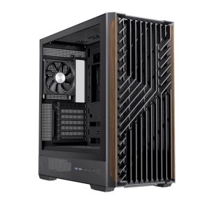 Einarex PC Case ATX P800 Core Black , Wood Front Panel, Tempered Glass Side Panel , 1 Rear Fan Pre-Installed
