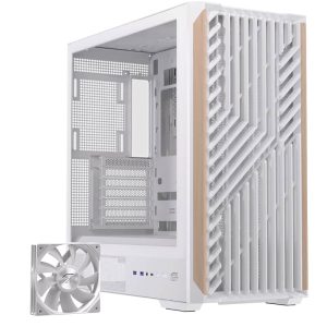 Einarex PC Case ATX P800 Core Black , Wood Front Panel, Tempered Glass Side Panel , 1 Rear Fan Pre-Installed White