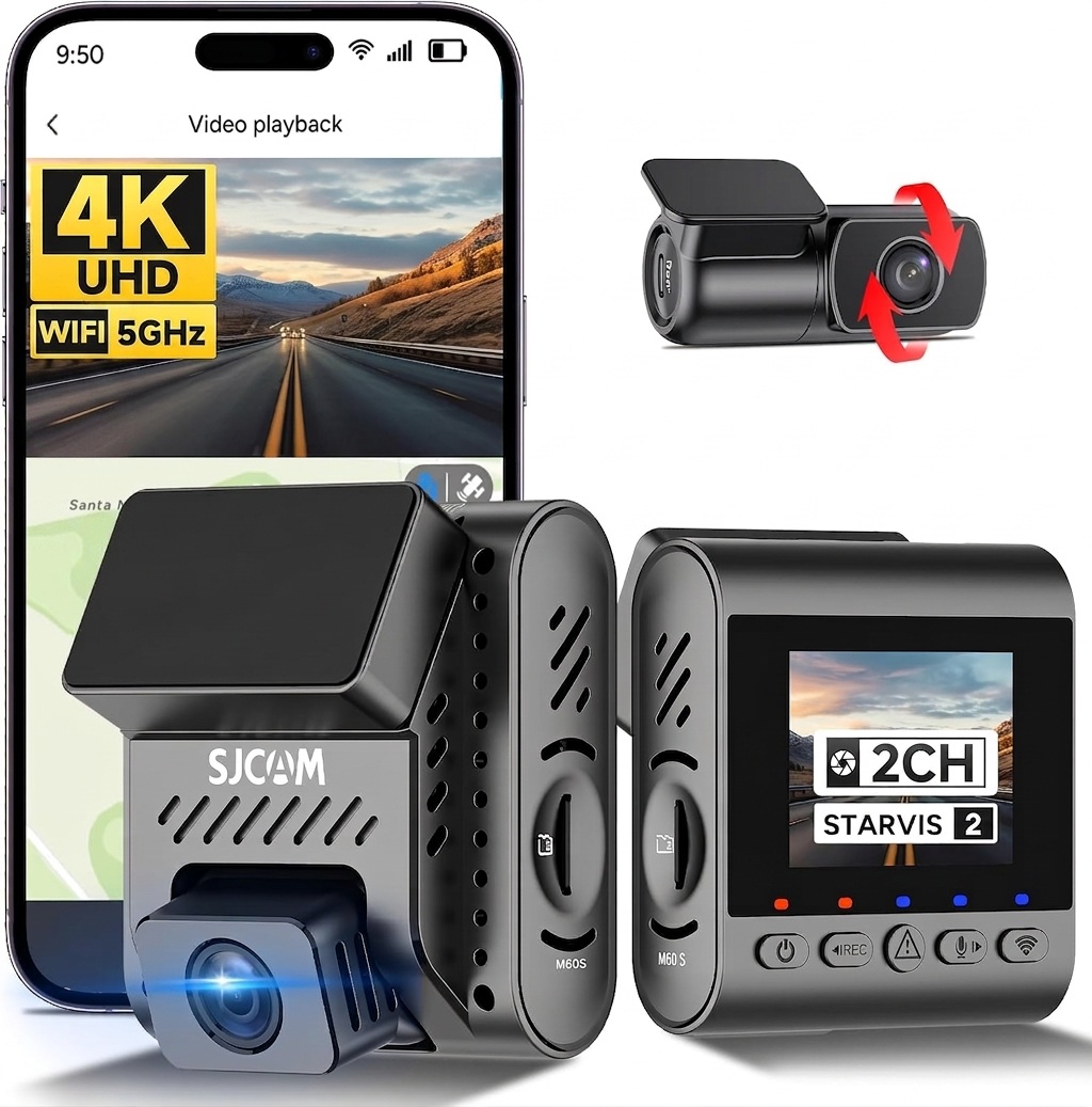 SJCAM M60S 4K Dash Cam, Equipped with STARVIS 2 HDR Night Vision Dashcam Front and Rear Camera Built-in WiFi G-Sensor 24/7 Recording Parking Mode 2CH